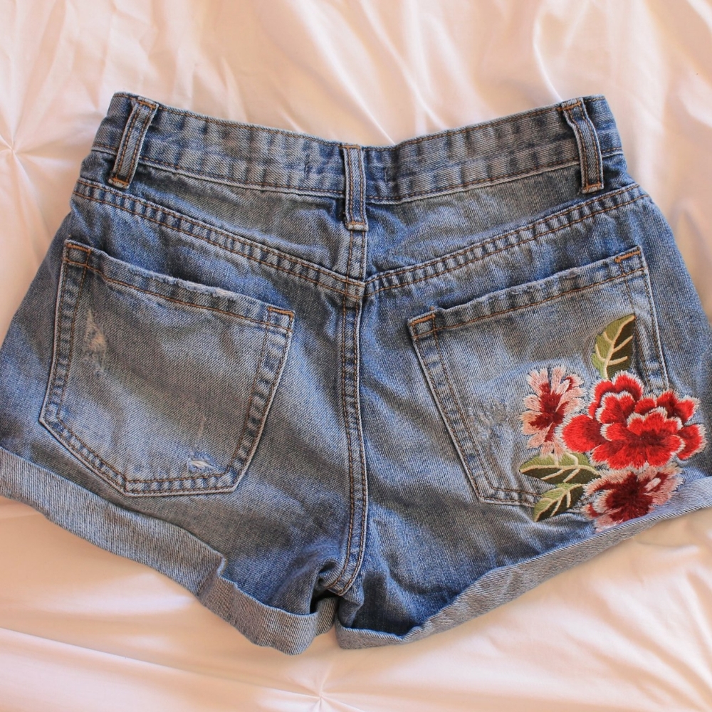 Light Wash Blue Denim Floral Shorts